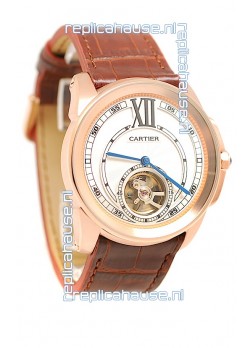 Calibre de Cartier Flying Tourbillon Japanese Replica Rose Gold Watch in Brown Strap