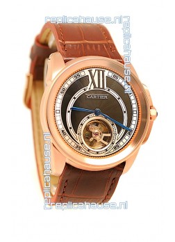 Calibre de Cartier Flying Tourbillon Japanese Replica Rose Gold Watch in Black Dial