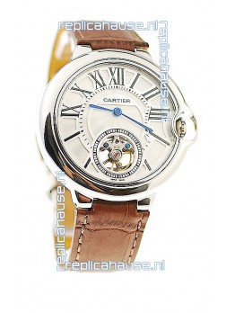 Ballon Bleu De Cartier flying Tourbillon Japanese Replica Steel Watch in Brown Strap