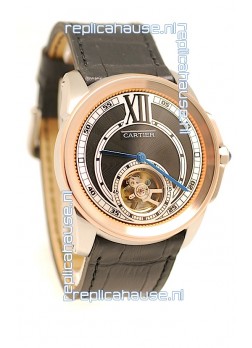 Calibre de Cartier Flying Tourbillon Japanese Replica Rose Gold Watch in Black Dial