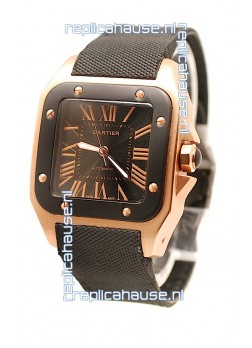 Cartier Santos 100 Swiss Replica Pink Gold Watch in Black Dial