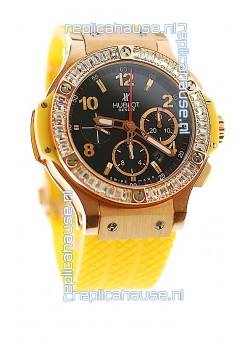 Hublot Big Bang Swis Watch Yellow Strap Black Dial Pink Gold Case