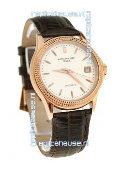 Patek Philippe Geneve Replica Pink Gold Watch in White Dial 