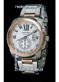 Cartier Calibre de Japanese Replica Rose Gold Watch in White Dial