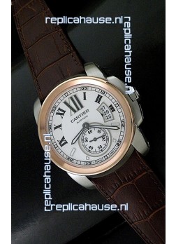 Cartier Calibre de Japanese Replica Steel Watch in Brown Leather Strap