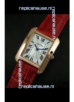 Cartier Louis Japanese Replica Ladies Rose Gold Watch in Red Strap