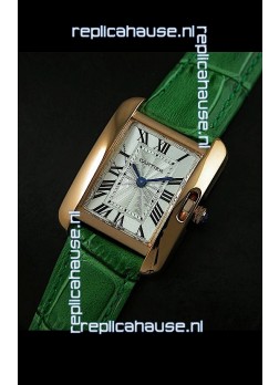 Cartier Louis Japanese Replica Ladies Rose Gold Watch in Green Strap