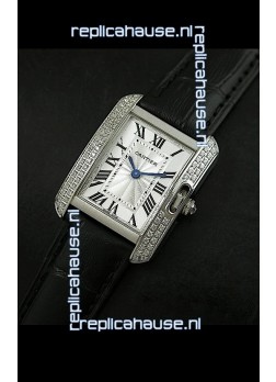 Cartier Louis Japanese Replica Ladies Diamond Watch in Black Strap