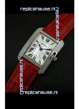 Cartier Louis Japanese Replica Ladies Diamond Watch in Red Strap