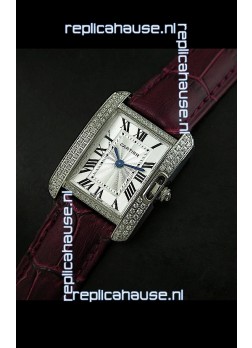 Cartier Louis Japanese Replica Ladies Diamond Watch in Brown Strap