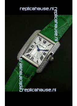 Cartier Louis Japanese Replica Ladies Diamond Watch in Green Strap