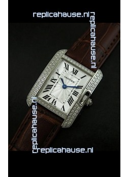 Cartier Louis Japanese Replica Ladies Diamond Watch in Brown Strap
