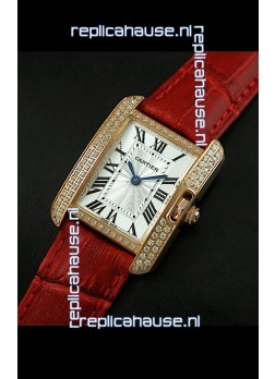 Cartier Louis Japanese Replica Ladies Rose Gold Diamond Watch in Red Strap