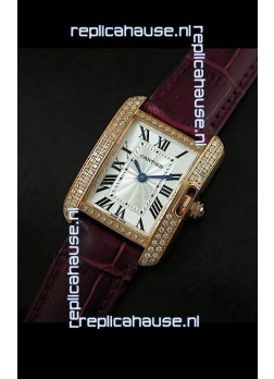 Cartier Louis Japanese Replica Ladies Rose Gold Diamond Watch in Purple Strap