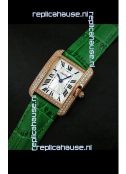 Cartier Louis Japanese Replica Ladies Rose Gold Diamond Watch in Green Strap