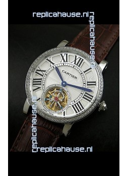 Cartier Ronde de Tourbillon Japanese Replica Diamond Watch in Brown Strap