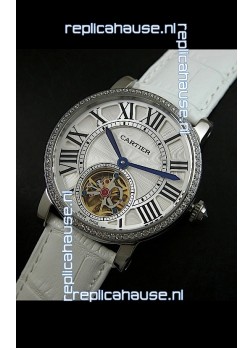 Cartier Ronde de Tourbillon Japanese Replica Diamond Watch in White Strap