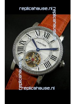 Cartier Ronde de Tourbillon Japanese Replica Diamond Watch in Brown Strap