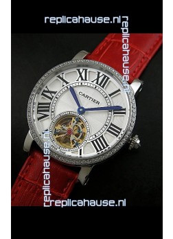 Cartier Ronde de Tourbillon Japanese Replica Diamond Watch in Red Strap