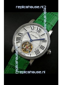 Cartier Ronde de Tourbillon Japanese Replica Diamond Watch in Green Strap