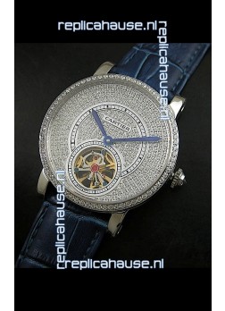 Cartier Ronde de Tourbillon Japanese Replica Diamond Watch in Blue Strap
