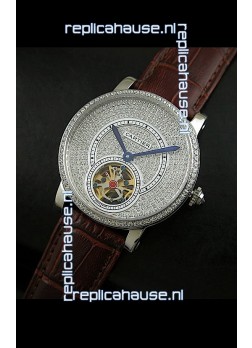 Cartier Ronde de Tourbillon Japanese Replica Diamond Watch in Brown Strap