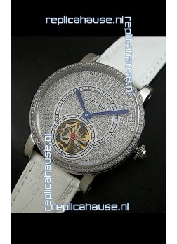 Cartier Ronde de Tourbillon Japanese Replica Diamond Watch in White Strap