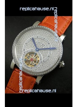 Cartier Ronde de Tourbillon Japanese Replica Diamond Watch in Orange Strap
