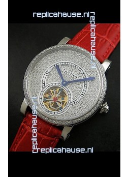 Cartier Ronde de Tourbillon Japanese Replica Diamond Watch in Red Strap