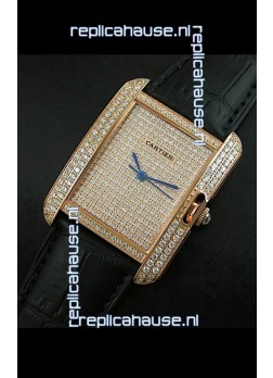Cartier Tank Anglaise Ladies Replica Watch in Gold Case/Black Strap