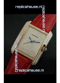 Cartier Tank Anglaise Ladies Replica Watch in Gold Case/Red Strap