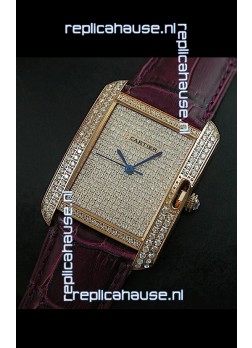 Cartier Tank Anglaise Ladies Replica Watch in Gold Case/Maroon Strap