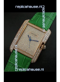 Cartier Tank Anglaise Ladies Replica Watch in Gold Case/Green Strap
