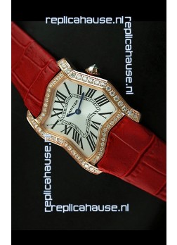 Cartier Tank Folle Ladies Replica Watch in Yellow Gold Case/Red Strap