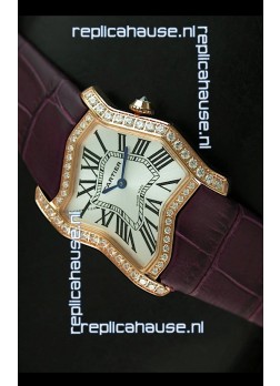 Cartier Tank Folle Ladies Replica Watch in Yellow Gold Case/Maroon Strap