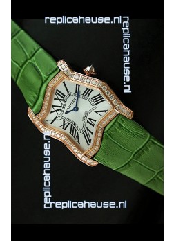 Cartier Tank Folle Ladies Replica Watch in Yellow Gold Case/Green Strap