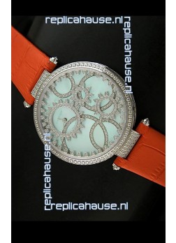 Cartier Replica Watch with Diamonds Embedded Dial Bezel in Steel Case/Orange Strap
