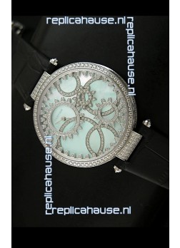 Cartier Replica Watch with Diamonds Embedded Dial Bezel in Steel Case/Black Strap