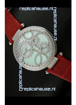 Cartier Replica Watch with Diamonds Embedded Dial Bezel in Steel Case/Red Strap