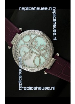 Cartier Replica Watch with Diamonds Embedded Dial Bezel in Steel Case/Maroon Strap