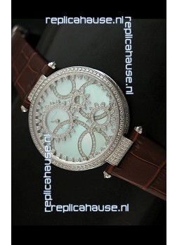 Cartier Replica Watch with Diamonds Embedded Dial Bezel in Steel Case/Brown Strap