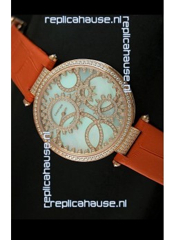 Cartier Replica Watch with Diamonds Embedded Dial Bezel in Gold Case/Orange Strap