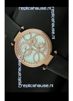 Cartier Replica Watch with Diamonds Embedded Dial Bezel in Gold Case/Black Strap