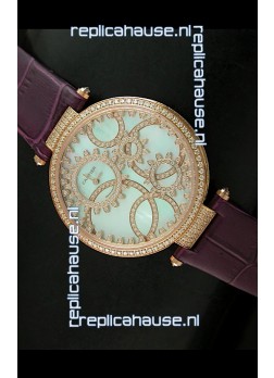 Cartier Replica Watch with Diamonds Embedded Dial Bezel in Gold Case/Maroon Strap