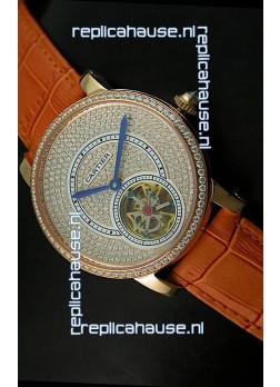 Ronde De Cartier Tourbillon Replica Watch Pink Gold Case - Brown Strap