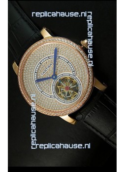 Ronde De Cartier Tourbillon Replica Watch Pink Gold Case - Black Strap