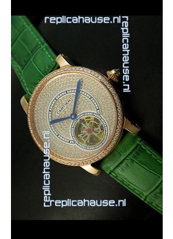 Ronde De Cartier Tourbillon Replica Watch Pink Gold Case - Green Strap
