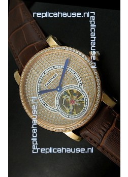 Ronde De Cartier Tourbillon Replica Watch Pink Gold Case - Dark Brown Strap