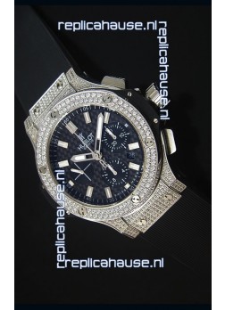 Hublot Big Bang Carbon Dial Diamonds Studded Stainless Steel Swiss Watch 