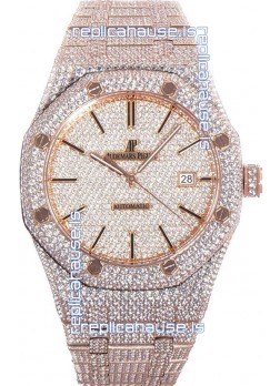Audemars Piguet Royal Oak 15400 Iced Out Stick Markers Dial in Rose Gold Casing Swiss Replica Watch